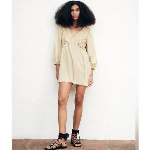 Zara Pants - Zara Beige Romper with Crotchet Detail Sz M